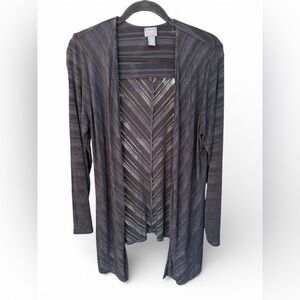 Chico's Travelers Black Open Front Draped Cardigan with Sheer Chevron Stripes
